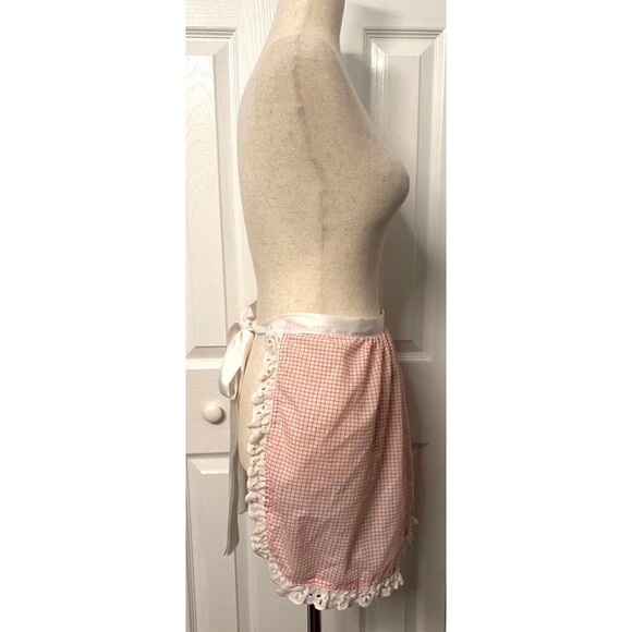 Vtg Handmade Half Apron Lace Red White Diner Pocket Ribbon Bow Cottagecore Chic - Picture 5 of 9